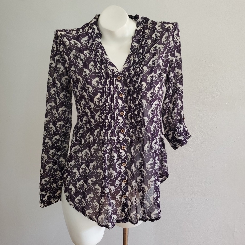 Anthropologie Maeve‎ Monkeies Pleated Button Up Blouse Roll Tab Sleeve Novelty